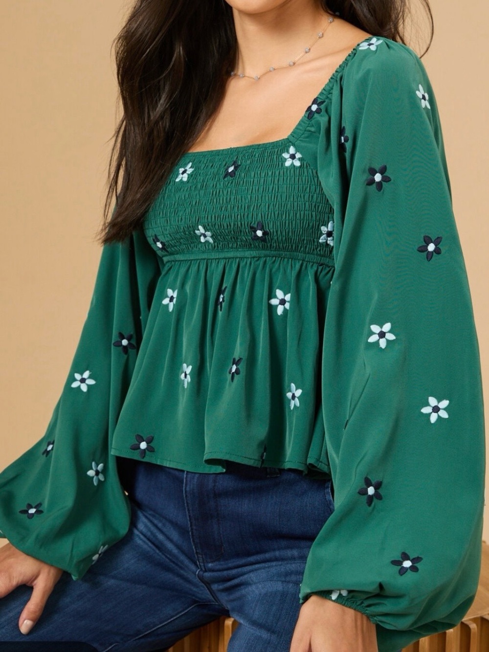 Altard State Olivia Embroidered Babydoll Top Blouse Green